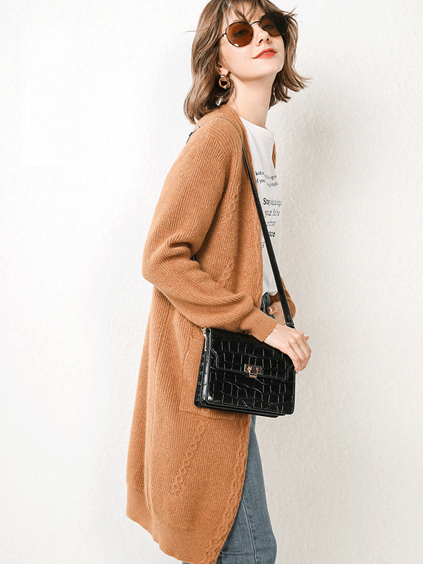 Khaki Knit Oversize Cardigans with Pockets Front