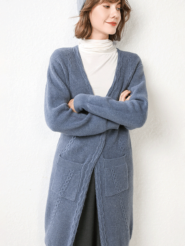 Blue Knit Oversize Cardigans with Pockets Front