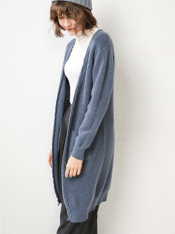 Blue Knit Oversize Cardigans with Pockets Front