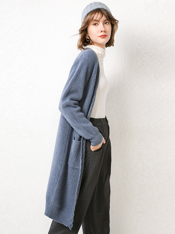 Blue Knit Oversize Cardigans with Pockets Front