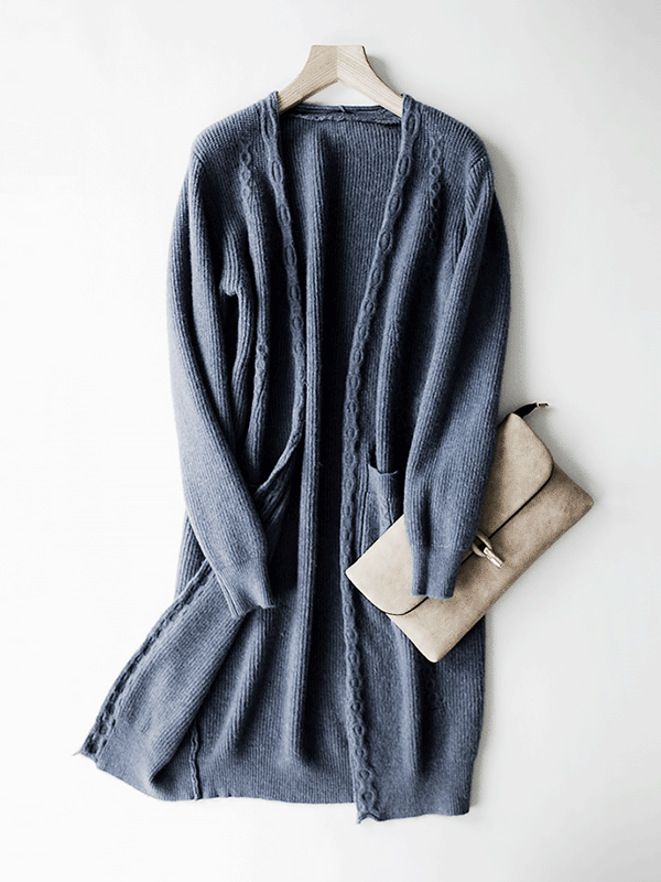 Blue Knit Oversize Cardigans with Pockets Front