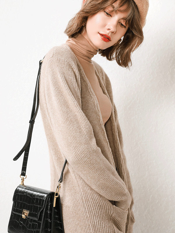 Brown Knit Oversize Cardigans with Pockets Front