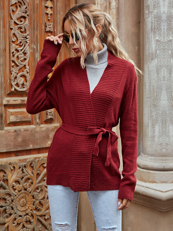 Red Knit Cardigans with Tie Front