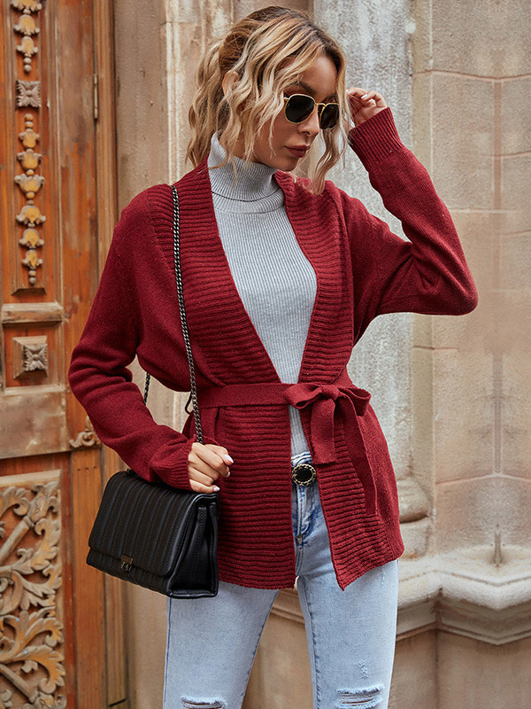 Red Knit Cardigans with Tie Front