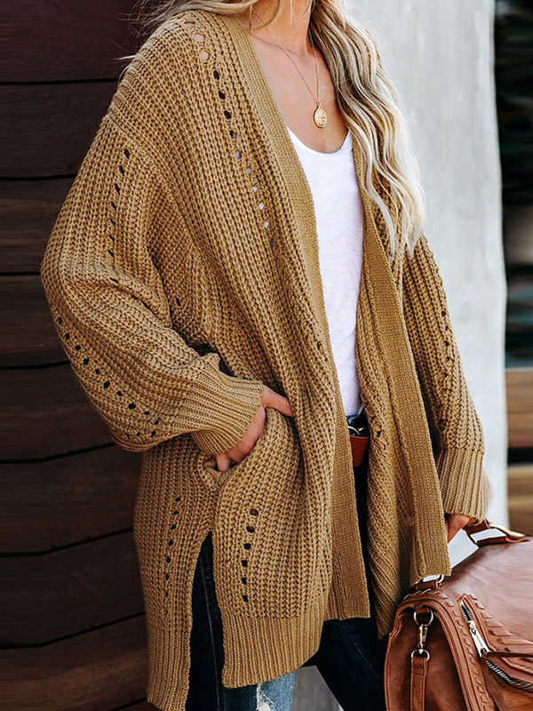 Khaki Side Split Oversize Cardigans with Pockets