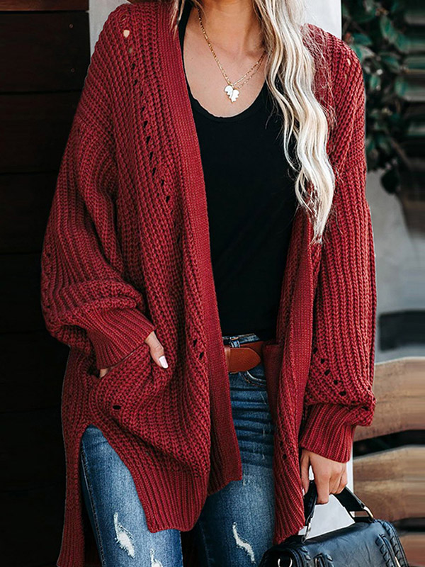 Red Side Split Oversize Cardigans with Pockets