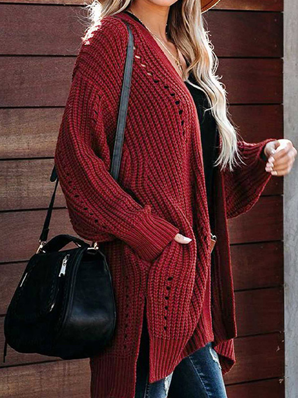 Red Side Split Oversize Cardigans with Pockets