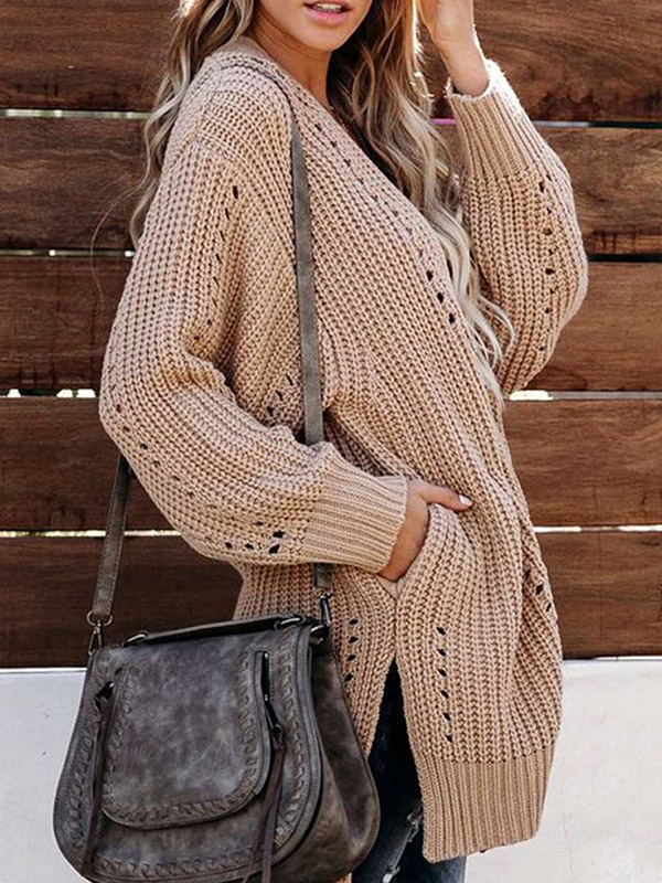 Brown Side Split Oversize Cardigans with Pockets