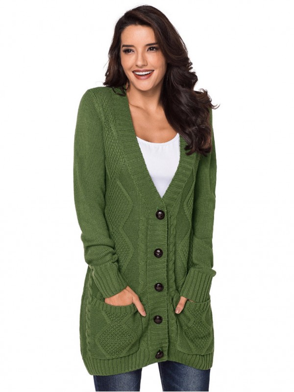 Green Knit Midi Cardigans with Pockets