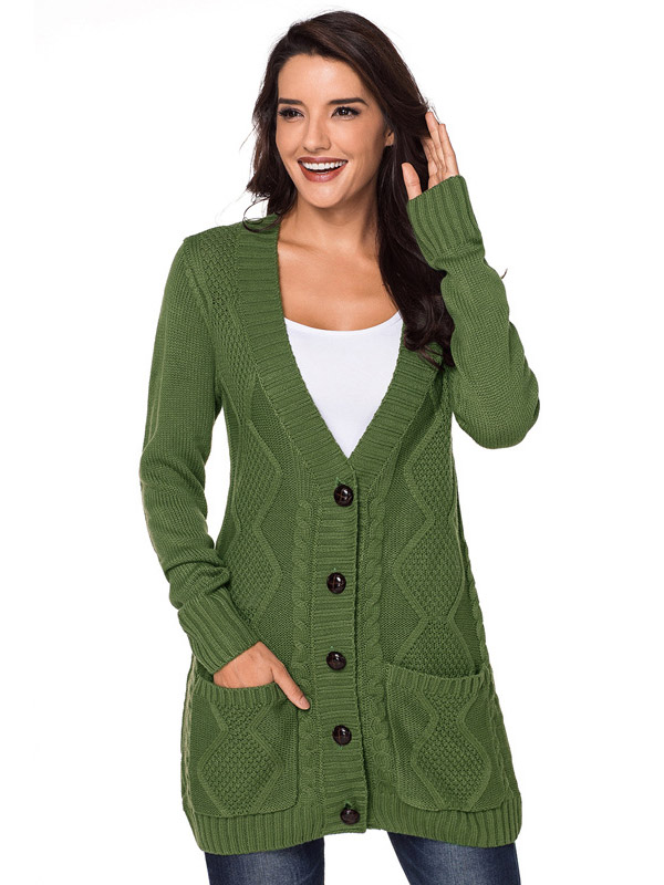 Green Knit Midi Cardigans with Pockets