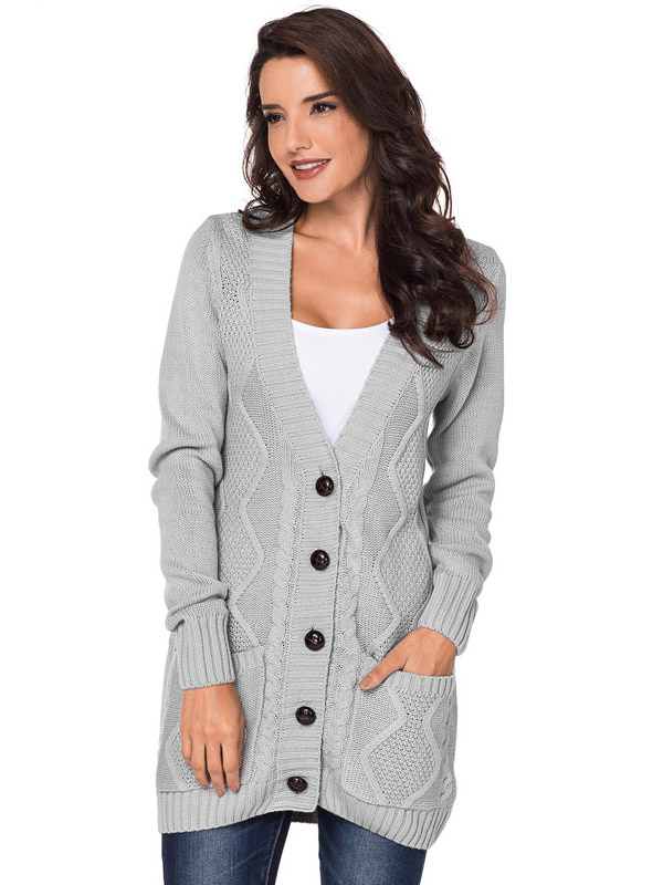 Grey Knit Midi Cardigans with Pockets