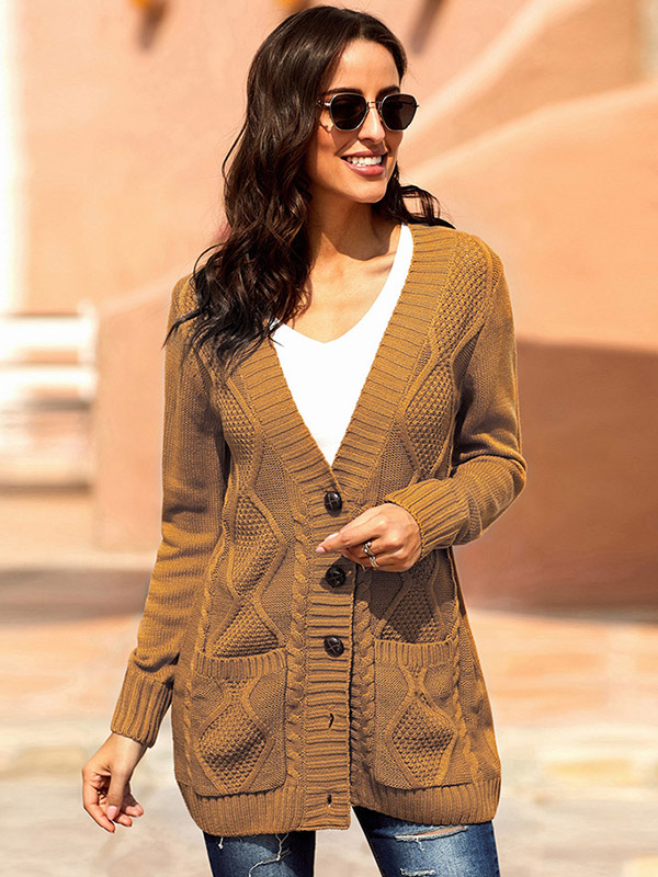 Khaki Knit Midi Cardigans with Pockets