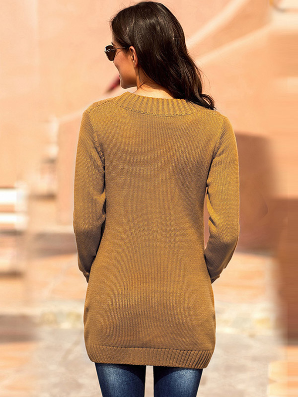 Khaki Knit Midi Cardigans with Pockets