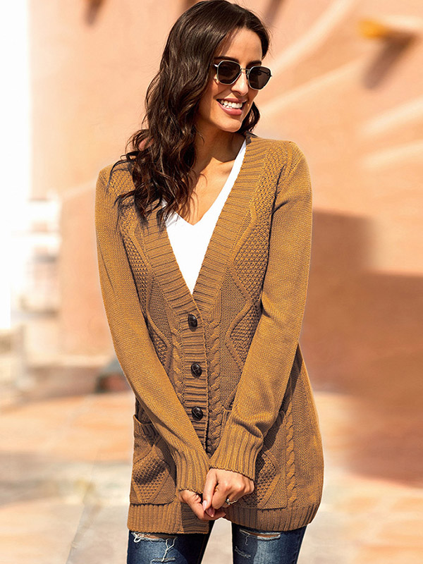 Khaki Knit Midi Cardigans with Pockets