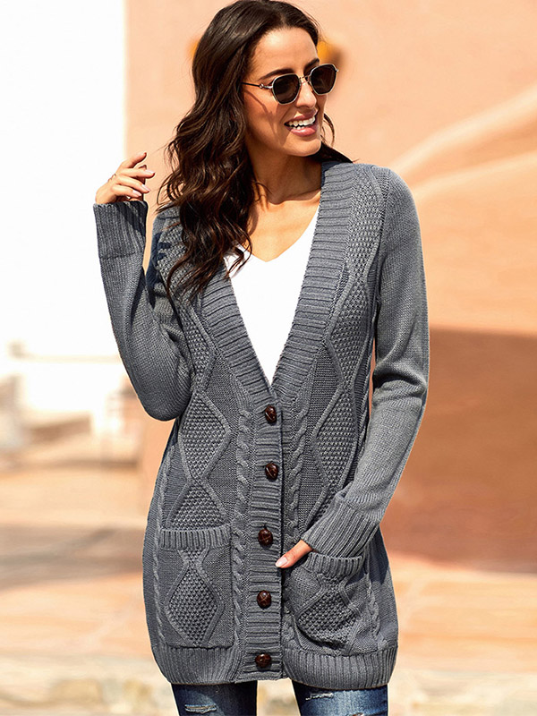 Dark Grey Knit Midi Cardigans with Pockets