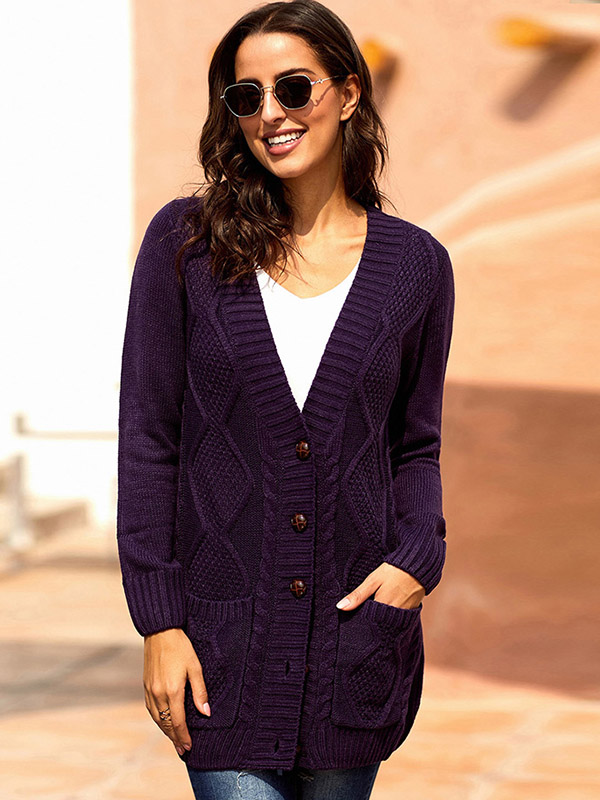 Purple Knit Midi Cardigans with Pockets