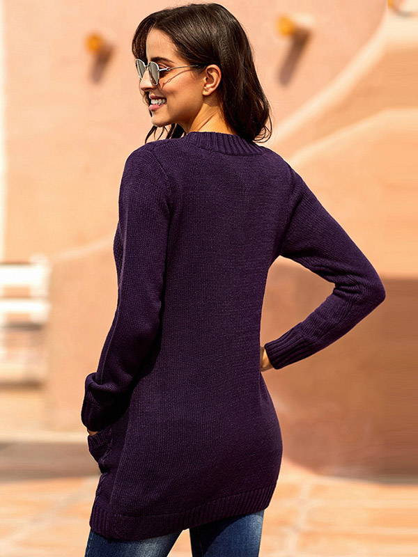 Purple Knit Midi Cardigans with Pockets