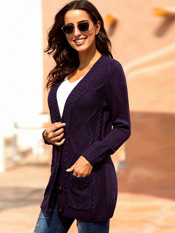 Purple Knit Midi Cardigans with Pockets