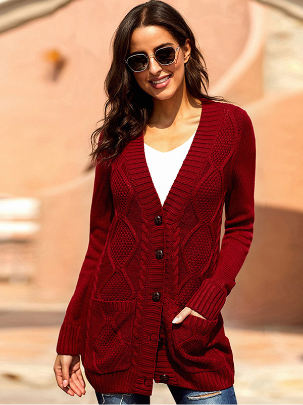 Red Knit Midi Cardigans with Pockets