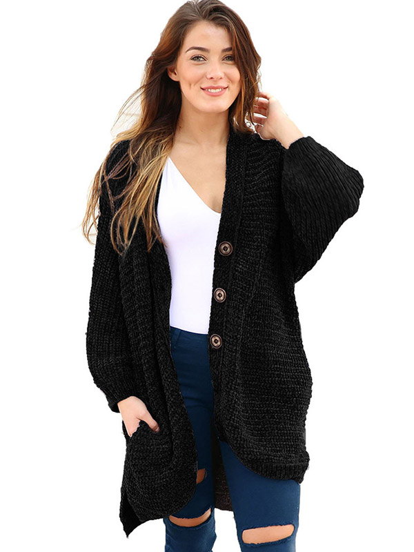 Black Oversize Chenille Single-breasted Cardigan