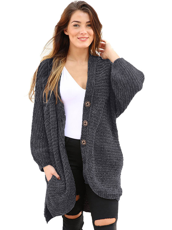 Dark Grey Oversize Chenille Single-breasted Cardigan