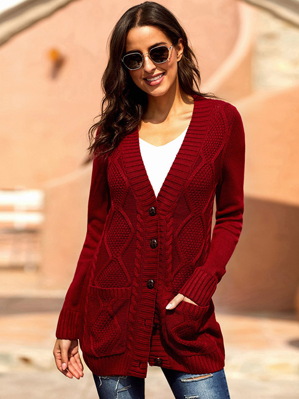 Red Single-breasted Cable Knit Cardigan