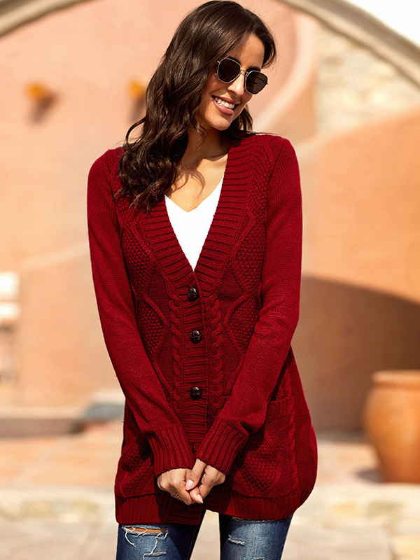 Red Single-breasted Cable Knit Cardigan