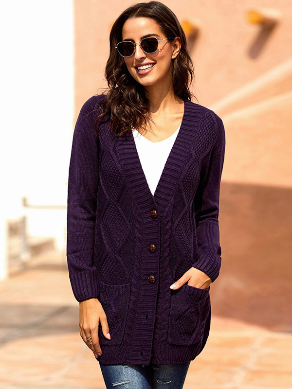 Purple Single-breasted Cable Knit Cardigan