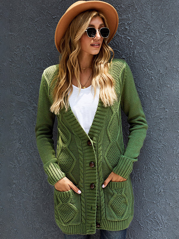 Green Single-breasted Cable Knit Cardigan