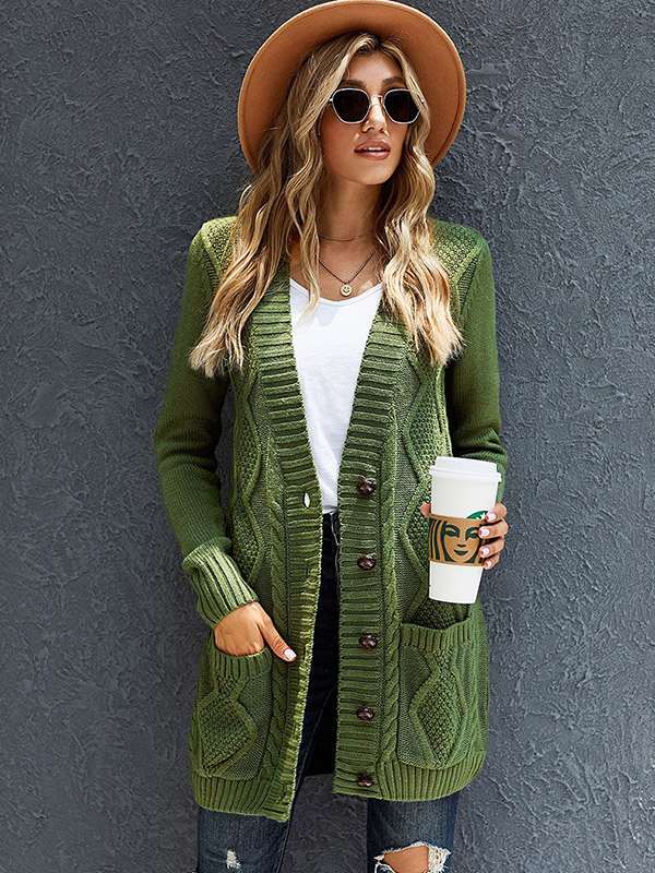 Green Single-breasted Cable Knit Cardigan