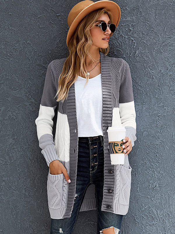 Grey Color Block Single-breasted Cable Knit Cardigan