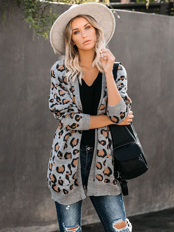 Grey Leopard Knitted Cardigan