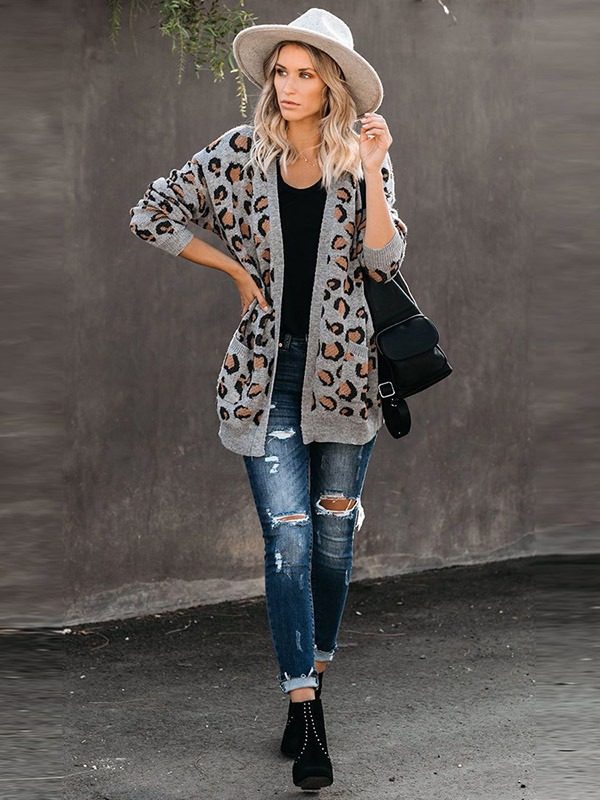 Grey Leopard Knitted Cardigan