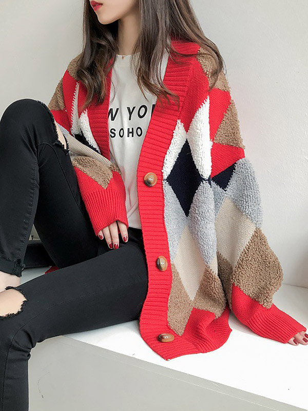 Red Diamond Pattern Knit Cardigan