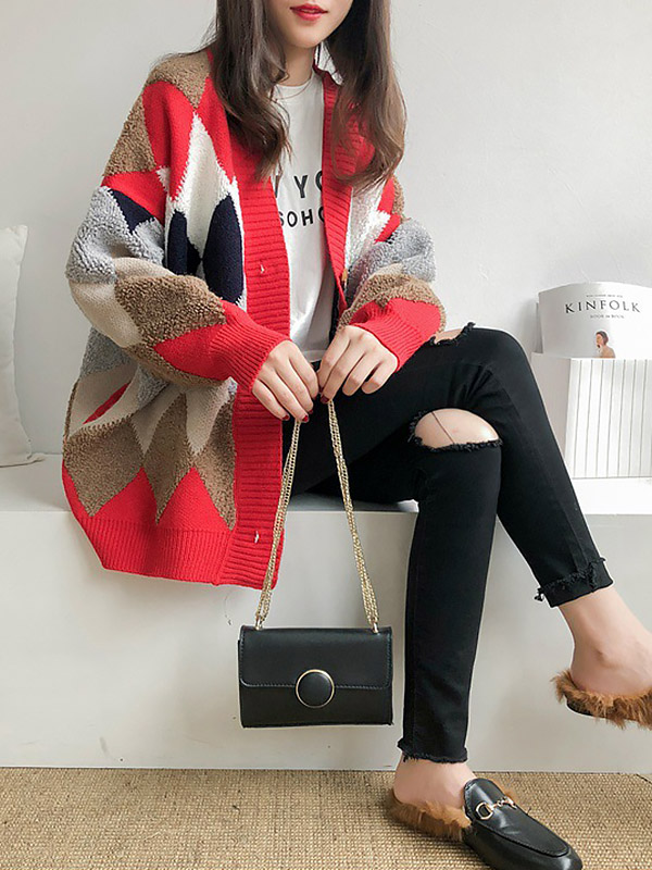 Red Diamond Pattern Knit Cardigan