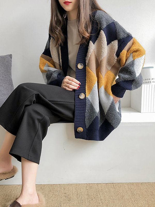 Navy Blue Diamond Pattern Knit Cardigan