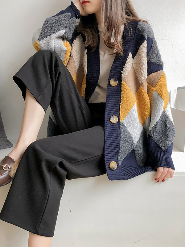 Navy Blue Diamond Pattern Knit Cardigan