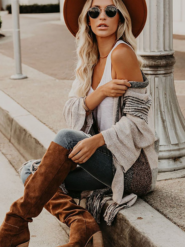 Grey Long Cardigan with Tassel