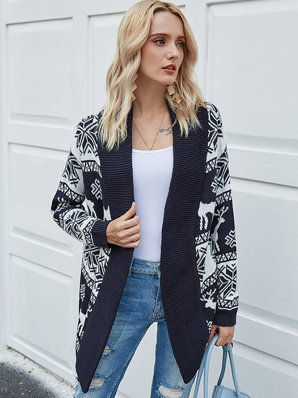 Navy Blue Christmas Deer Pattern Cardigan