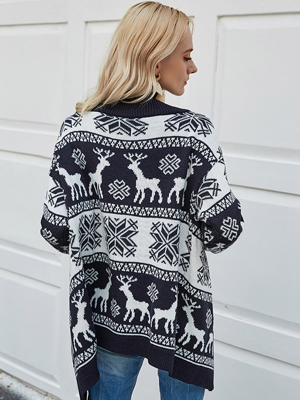 Navy Blue Christmas Deer Pattern Cardigan