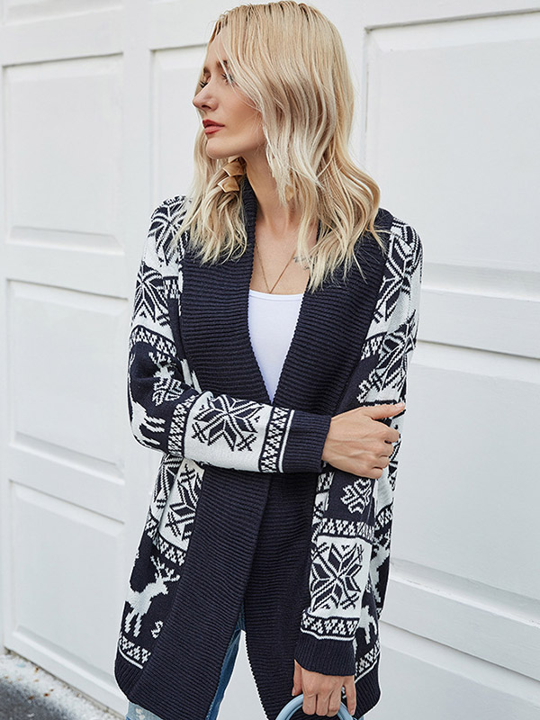 Navy Blue Christmas Deer Pattern Cardigan