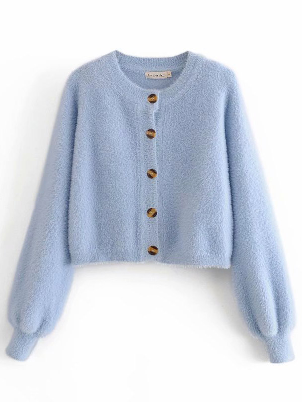 Blue Knitted Cropped Cardigan Sets