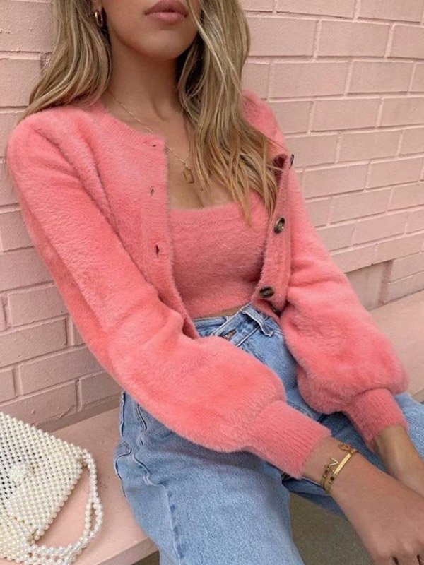 Pink Knitted Cropped Cardigan Sets