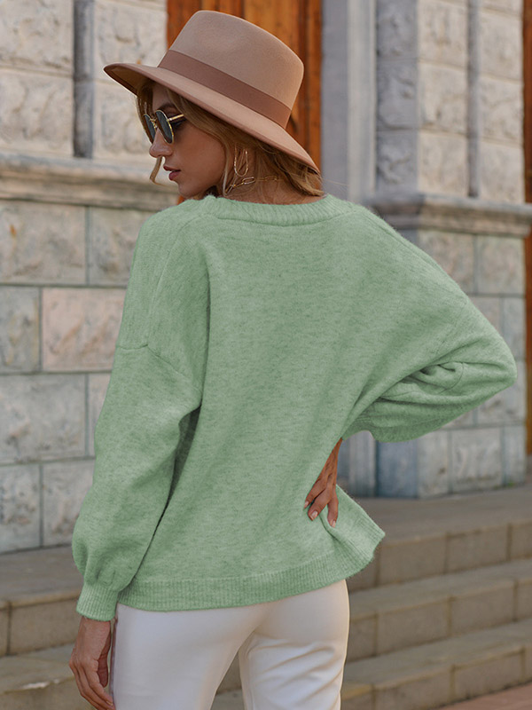 Green V Neck Single-breasted Knitted Cardigan