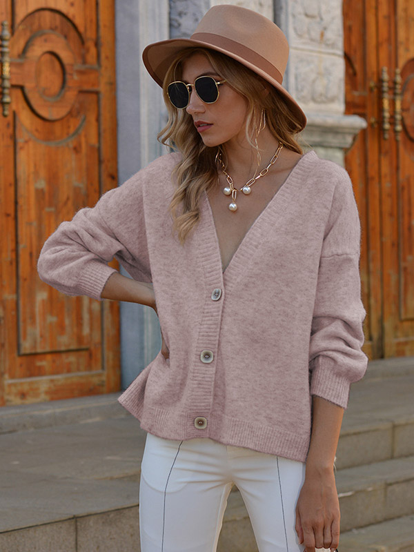 Pink V Neck Single-breasted Knitted Cardigan