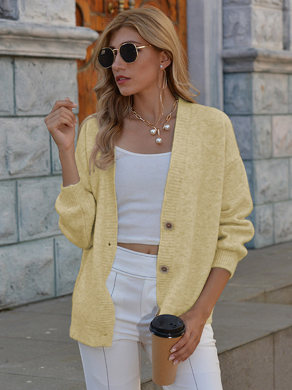 Yellow V Neck Single-breasted Knitted Cardigan