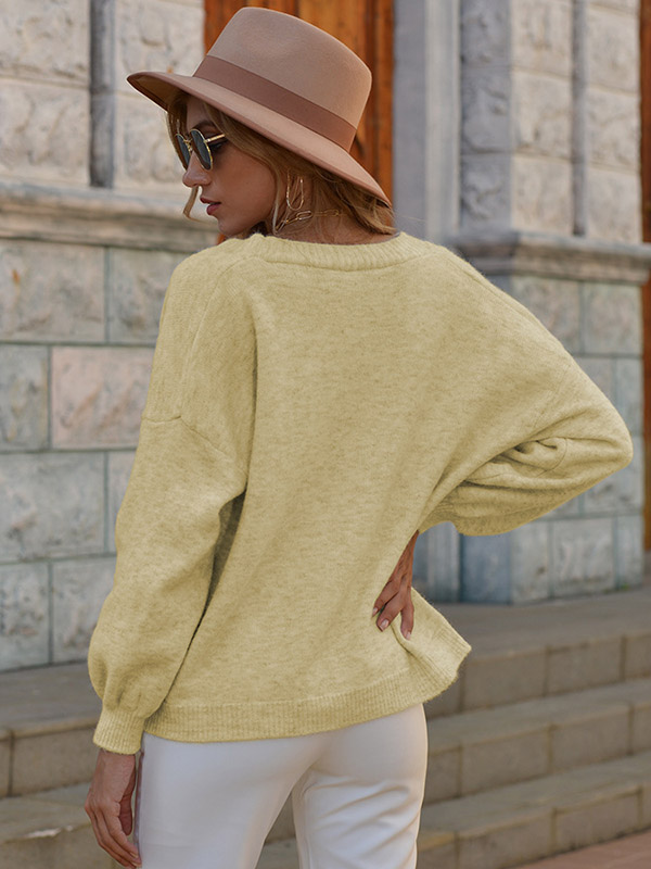 Yellow V Neck Single-breasted Knitted Cardigan