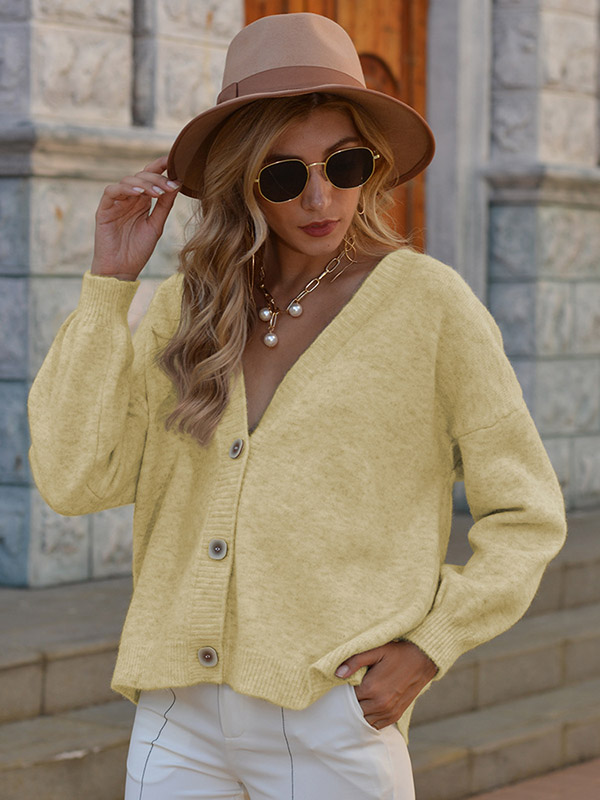 Yellow V Neck Single-breasted Knitted Cardigan