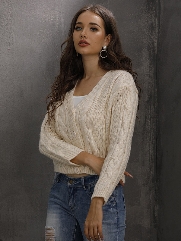 Beige V Neck Single-breasted Cropped Cardigan