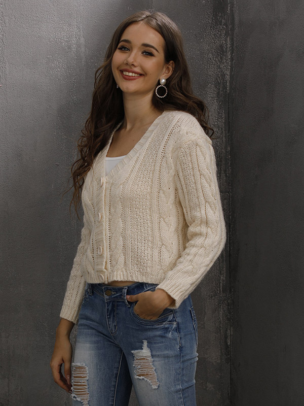 Beige V Neck Single-breasted Cropped Cardigan